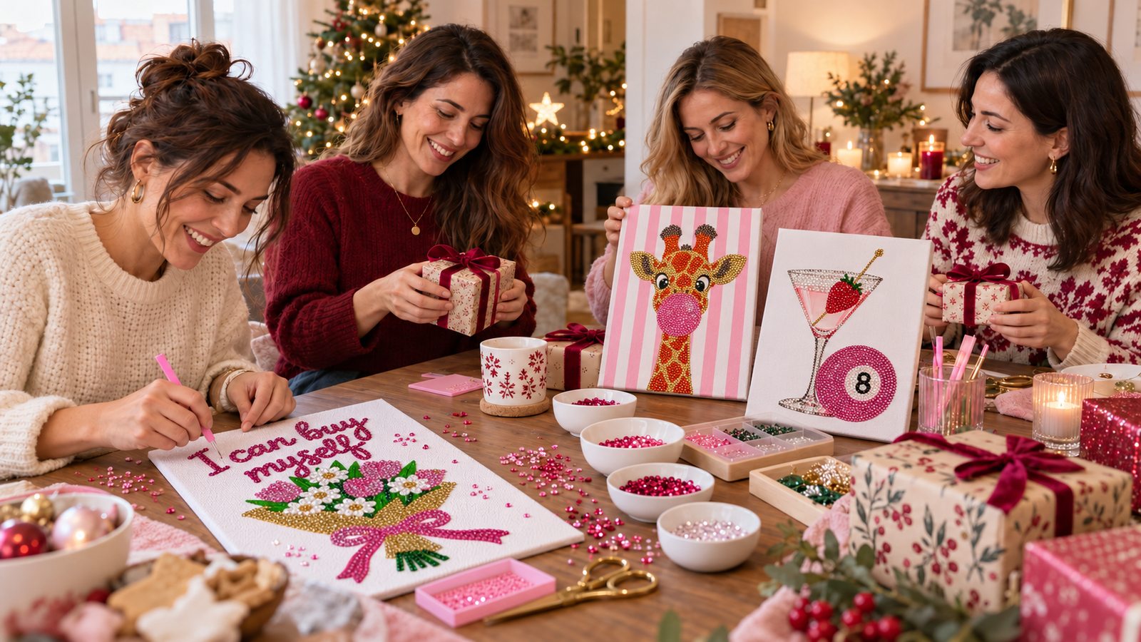 Amigo invisible entre amigas: regalos originales y un plan creativo para Navidad 1 Amigas celebrando un amigo invisible creativo con lienzos de brillitos de Crea tu KIT